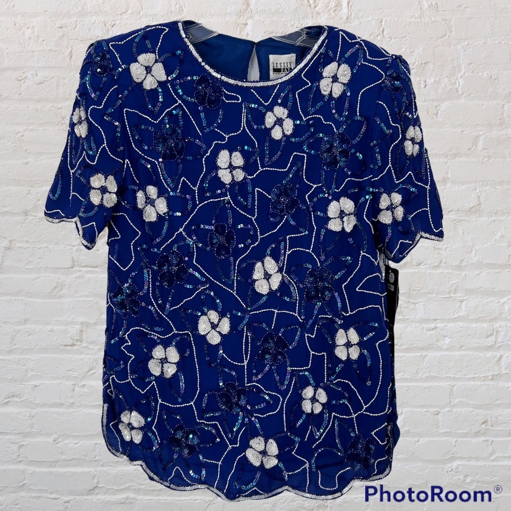 NWT Leslie Fay Evenings STUNNING Sequin Formal Top Royal Blue Lined Pullover